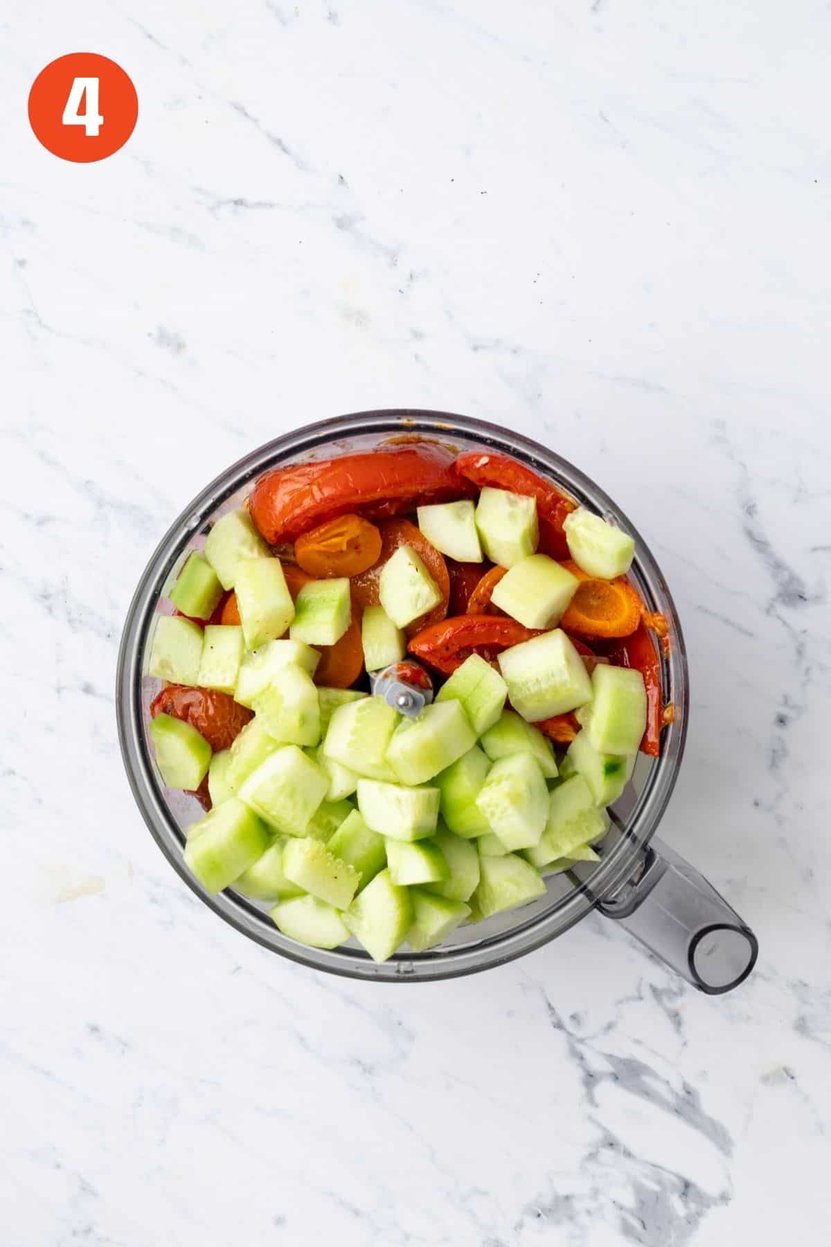 All the vegetables plus the cucumber added to a food processor.
