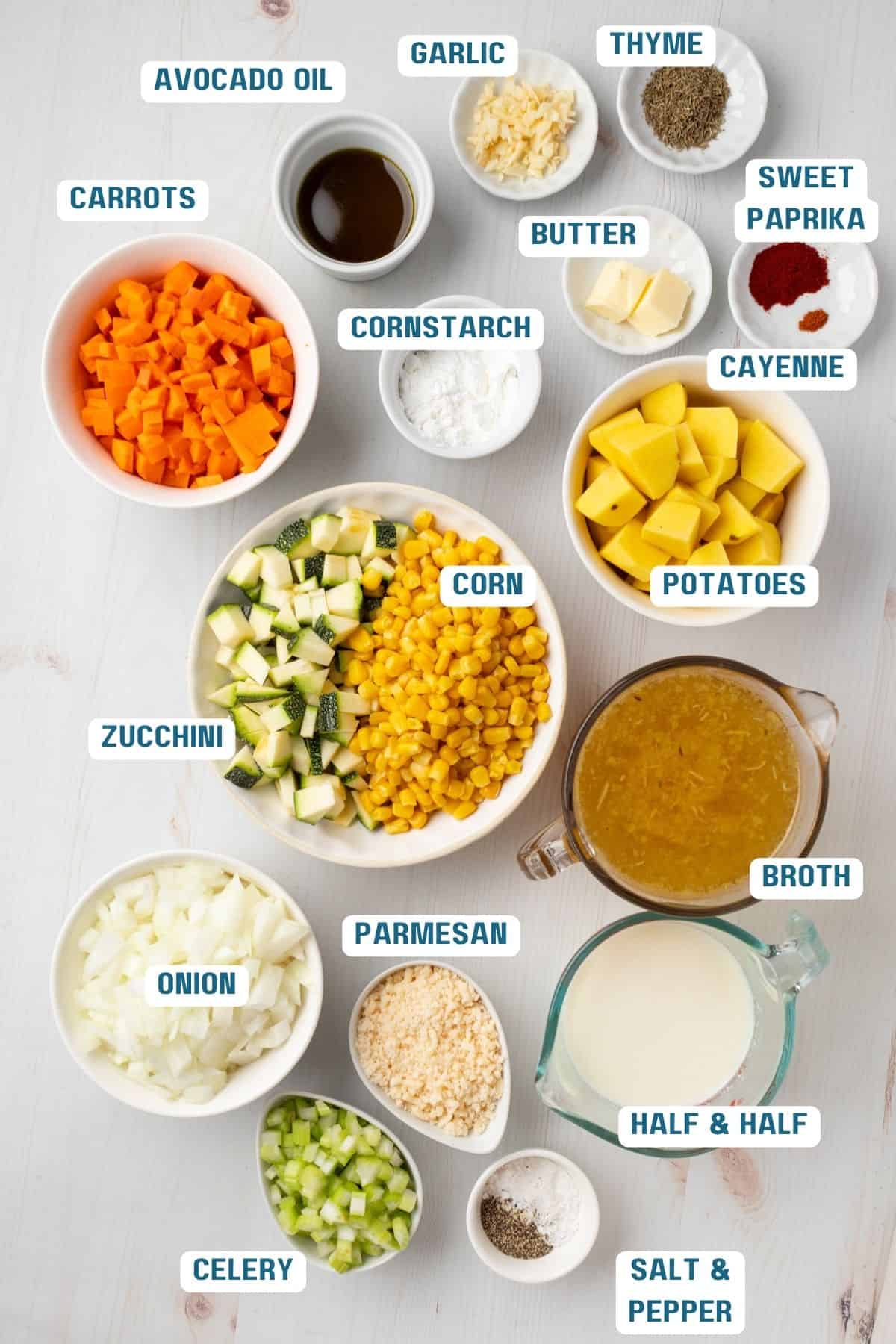 Ingredients to make zucchini and corn chowder on a table.