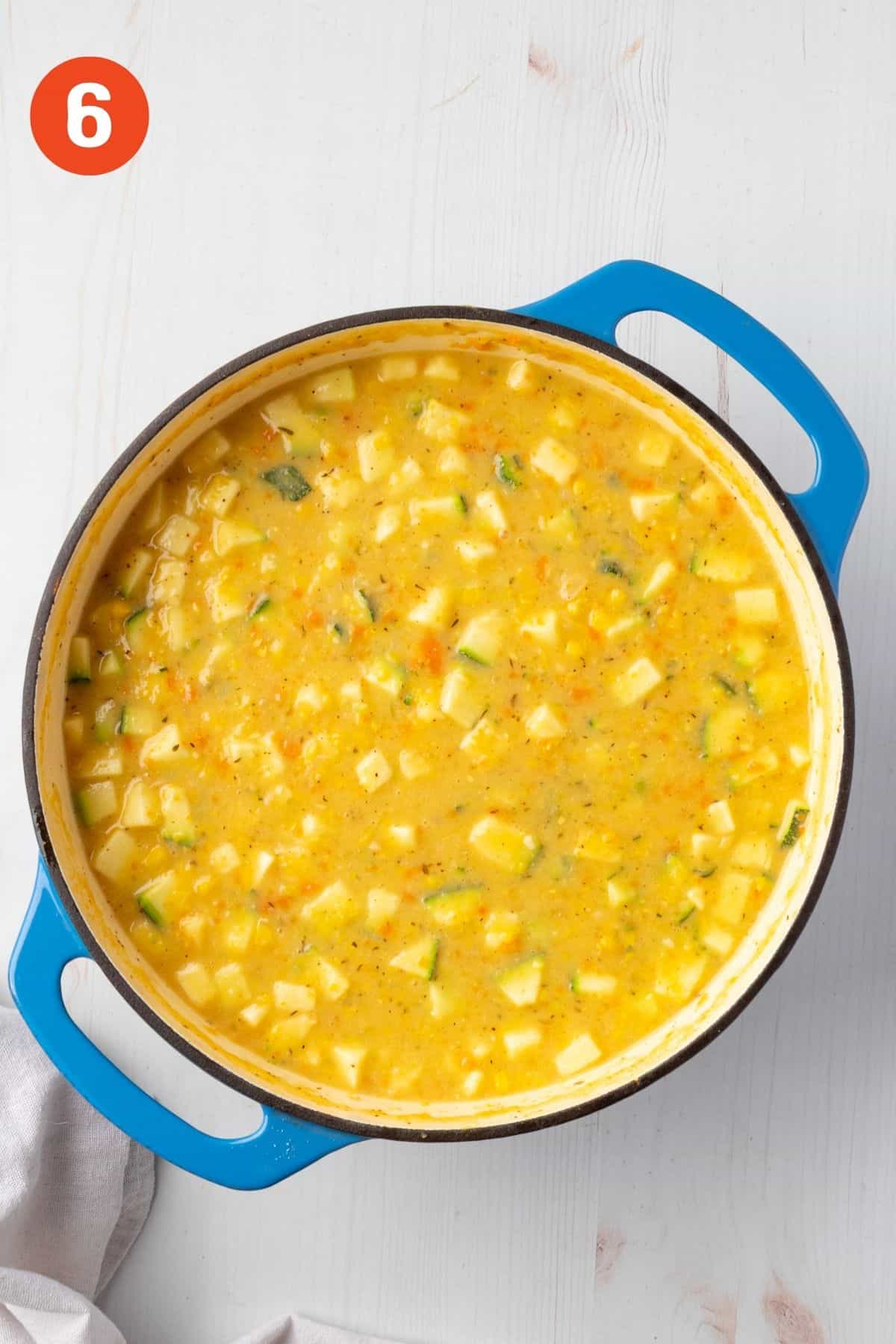 Finished zucchini corn chowder soup in the pot.