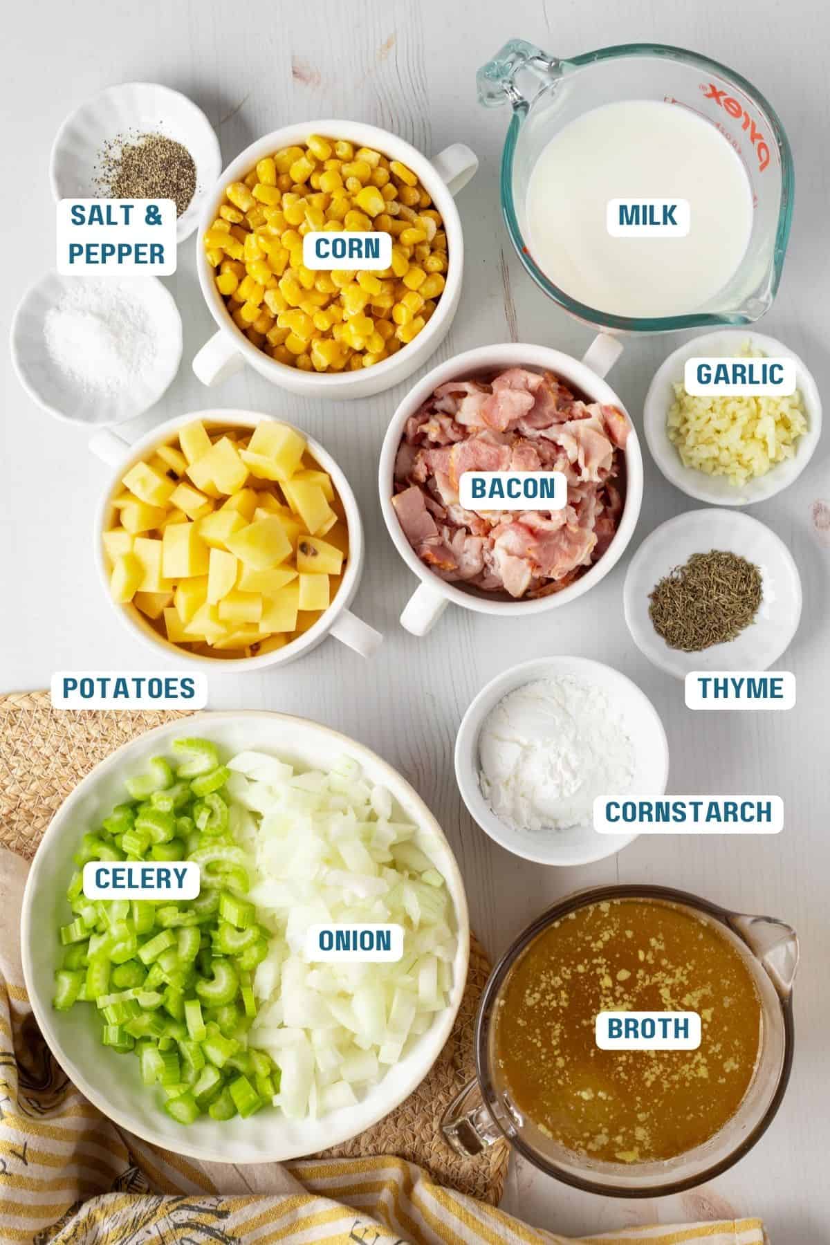 Ingredients to make corn potato chowder in bowls on a countertop.