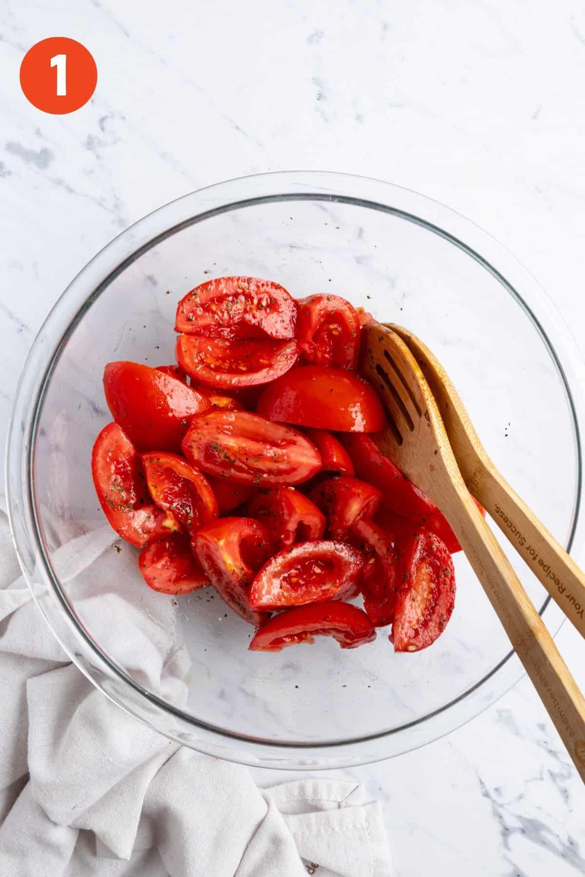 Roma tomato wedges in a bowl.