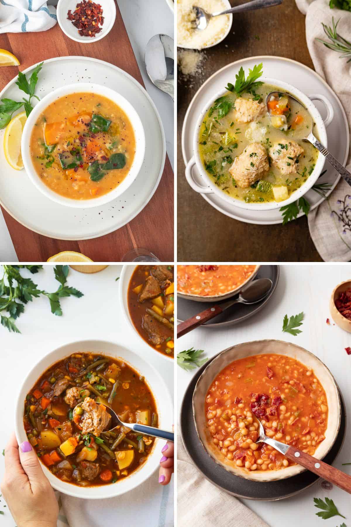 A collage of four freezer soups including red lentil, bean and bacon, beef stew, and chicken meatball.