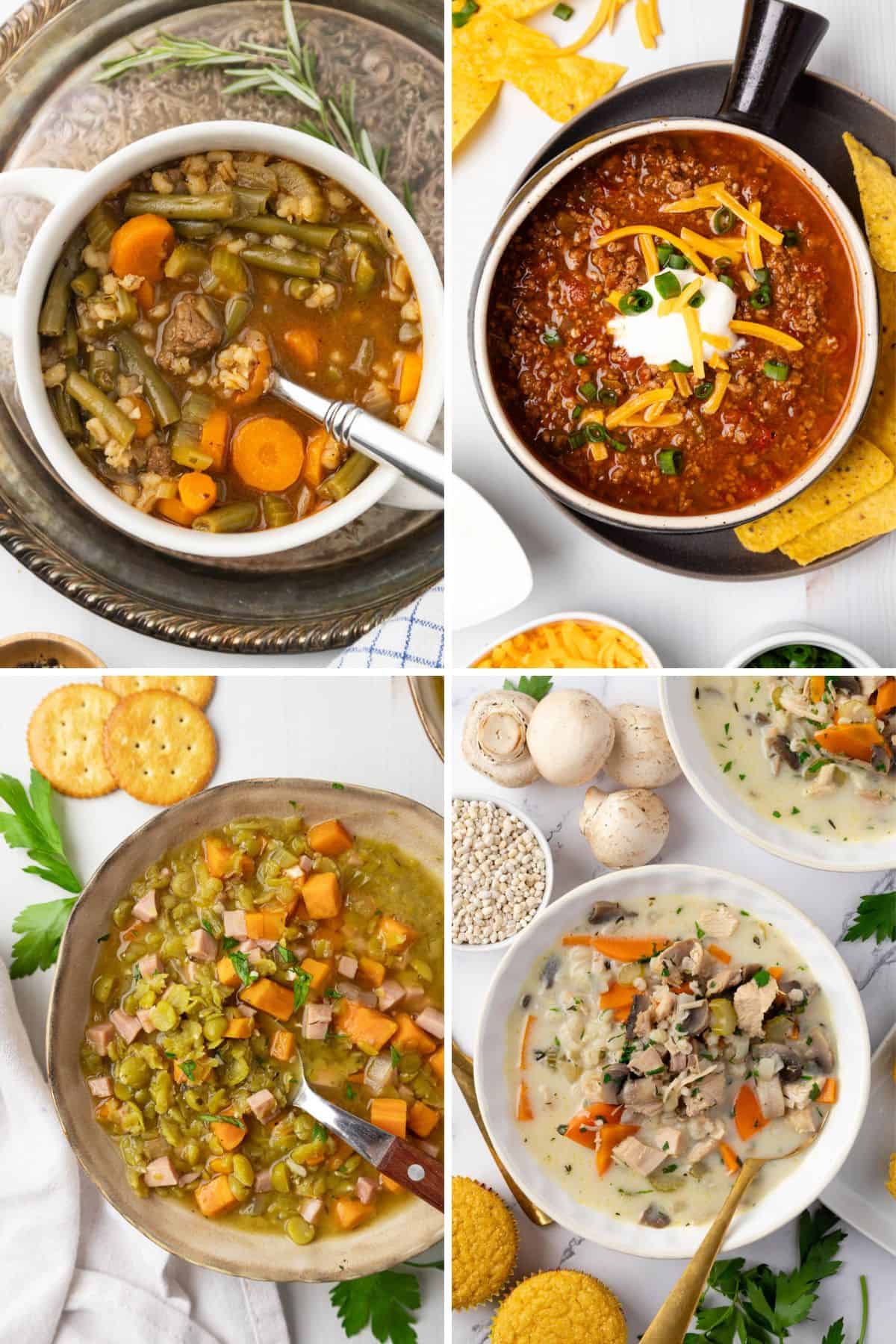 A collage of four freezer soup recipes like split pea, beef stew, chili, and turkey barley.