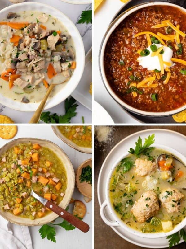 A collage of four freezer soup recipes including chili, turkey barley, split pea, and chicken meatball.