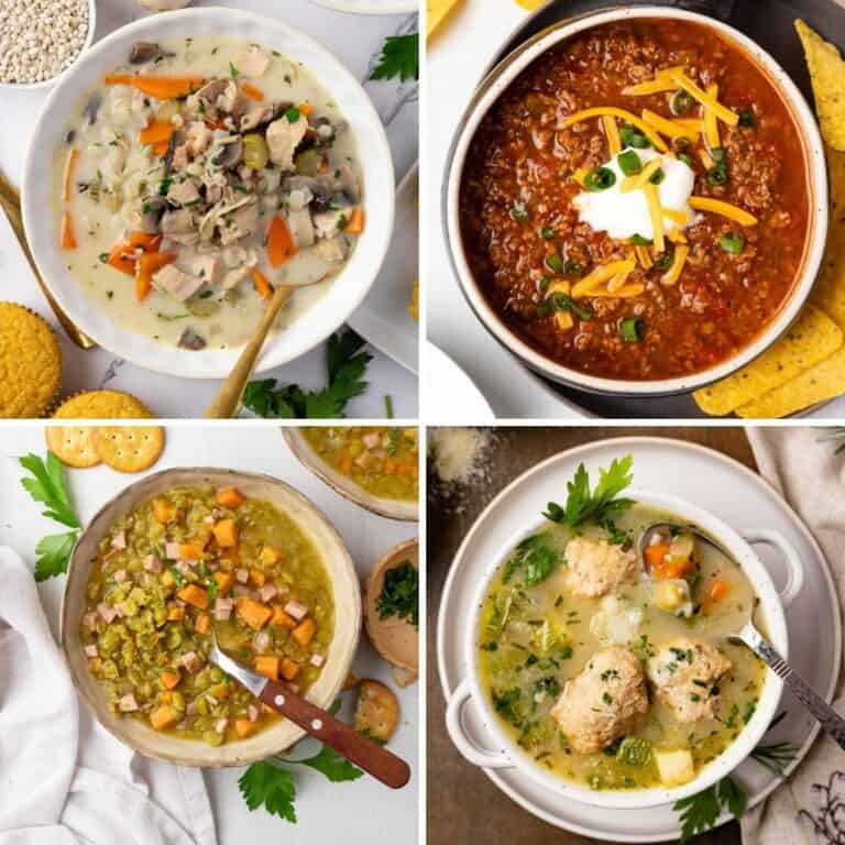 A collage of four freezer soup recipes including chili, turkey barley, split pea, and chicken meatball.