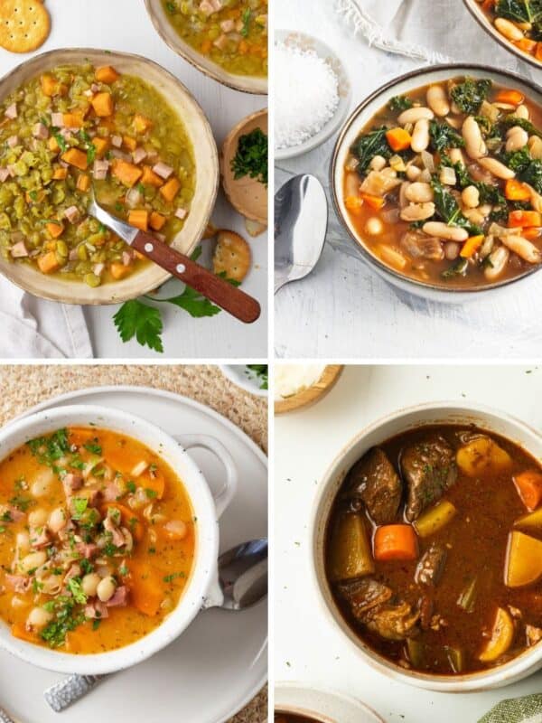 A collage of four high fiber soup recipes including some made with split peas, white beans, and vegetables.