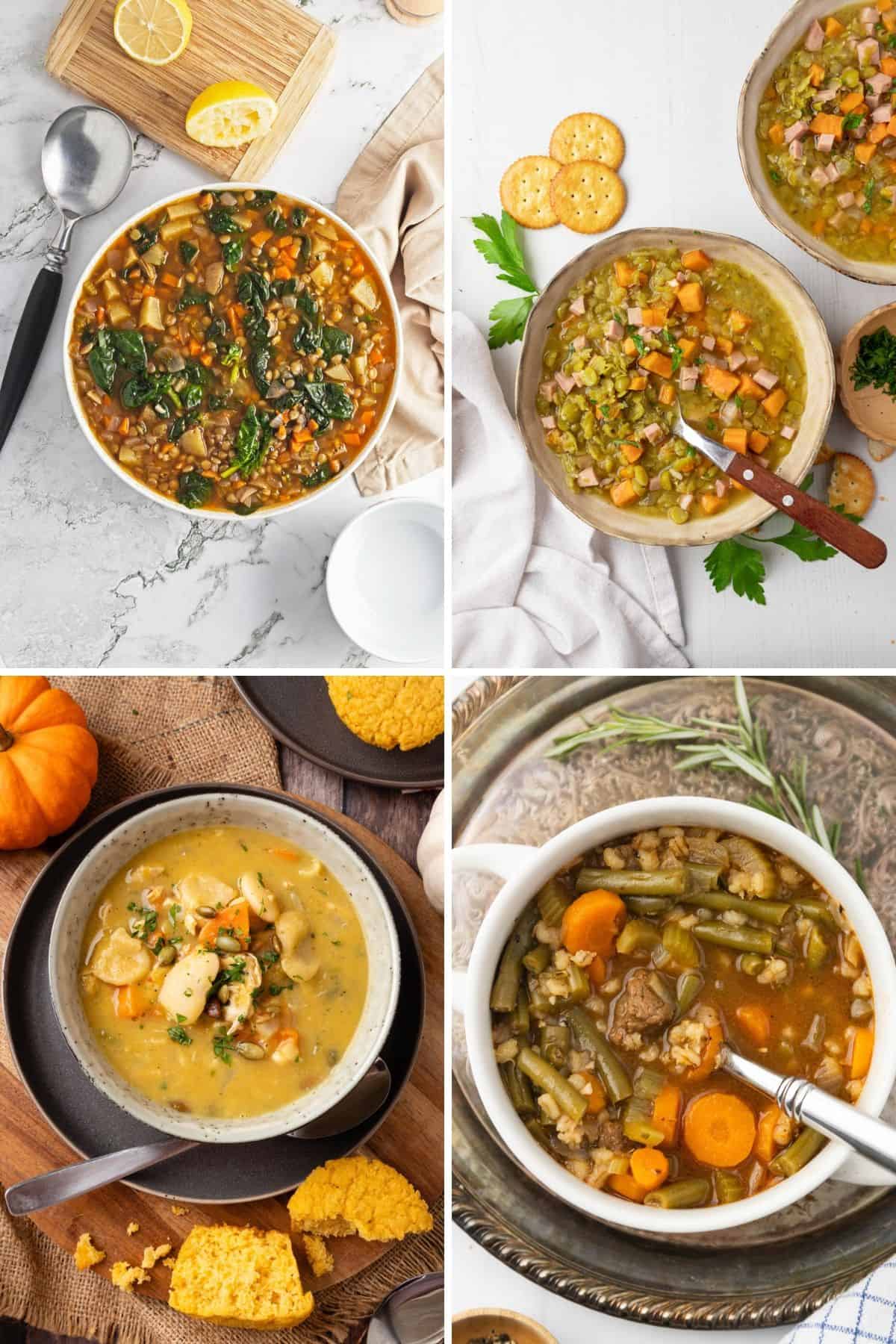 A collage of four high fiber soups made with beans, lentils, and barley.