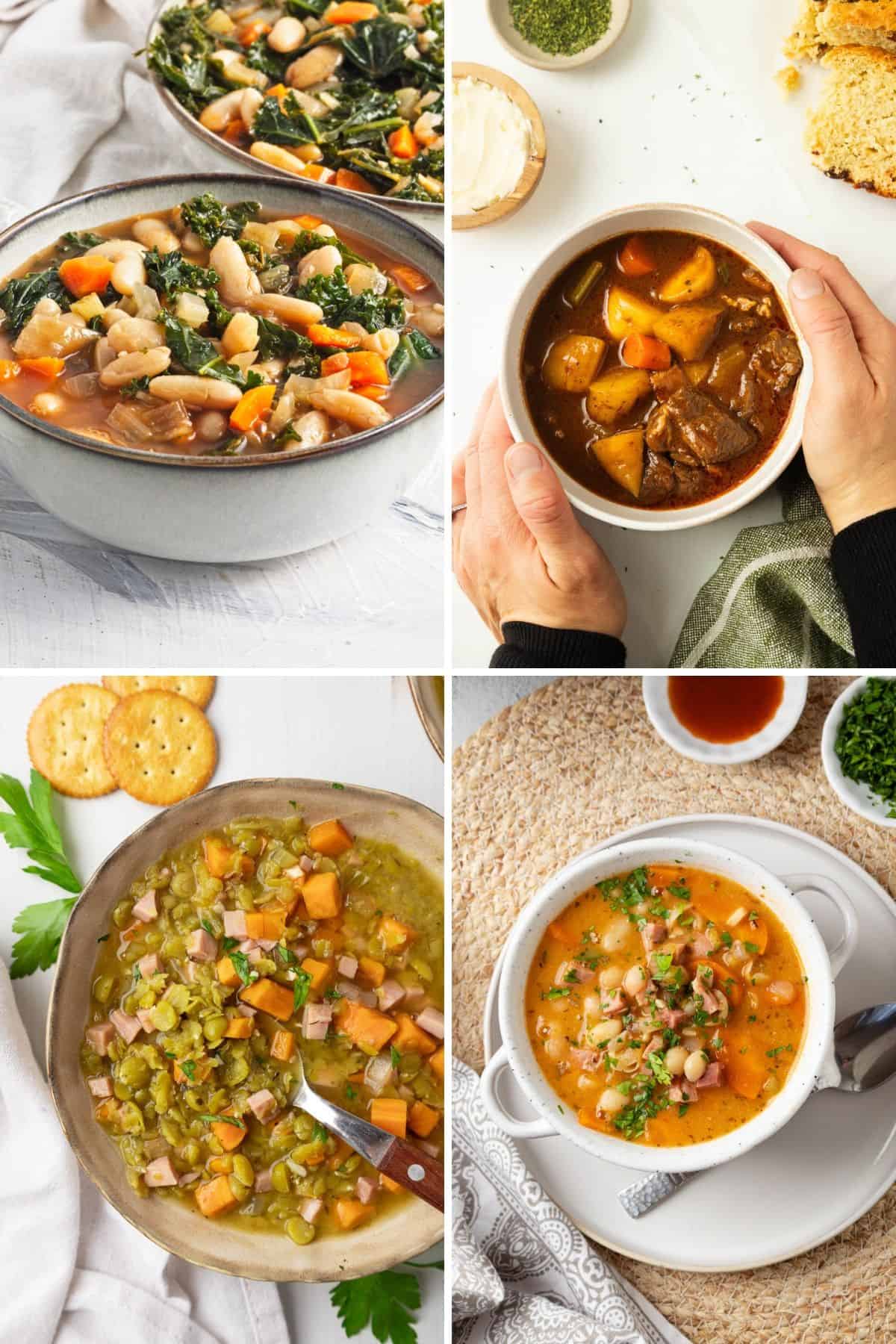 Four bowls of high fiber soups including split pea, white bean, ham and bean, and vegetable beef stew.
