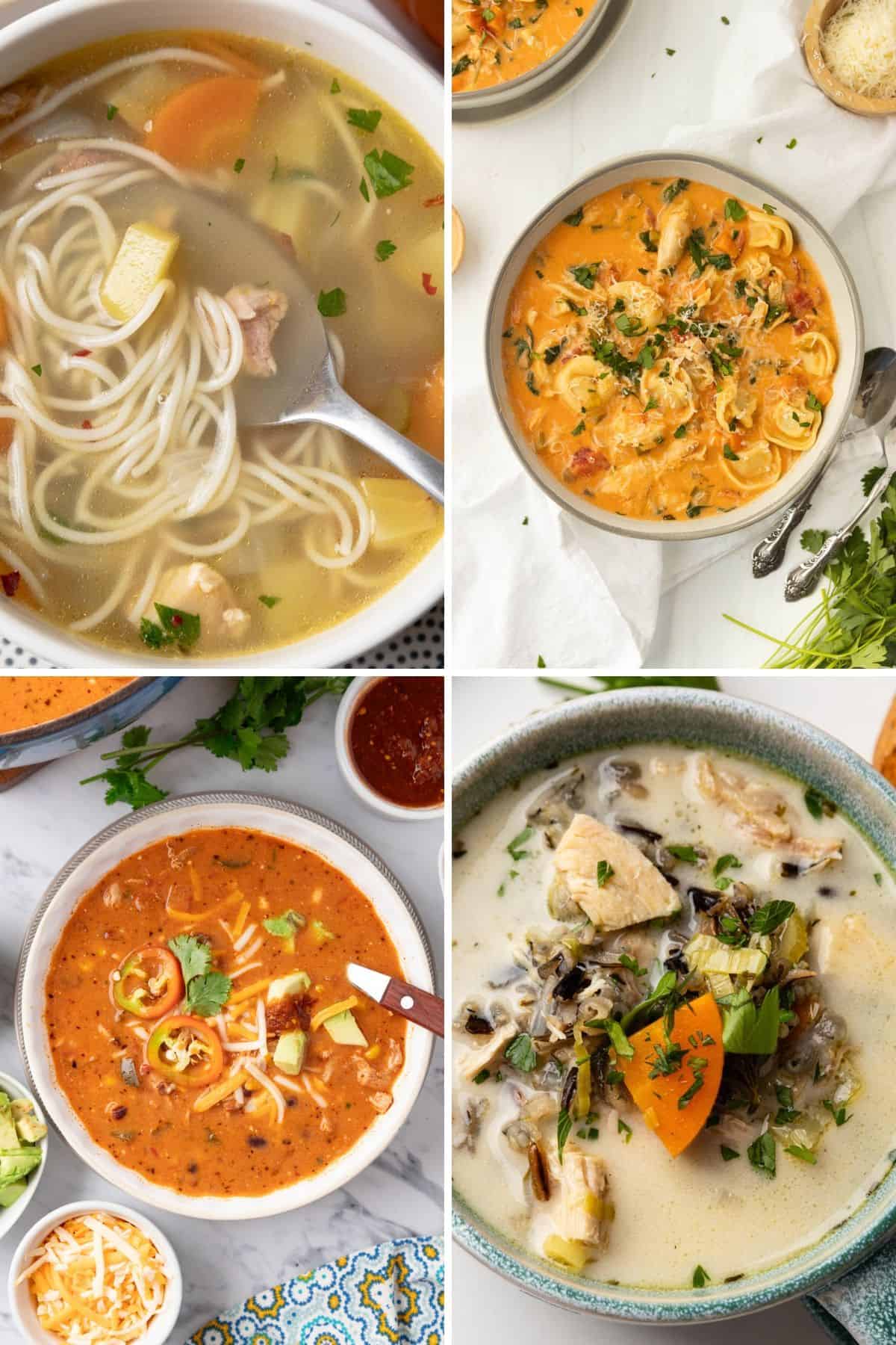 A collage of four leftover turkey soup recipes incuding a turkey and noodle, turkey wild rice, enchilada soup and tortellini soup.