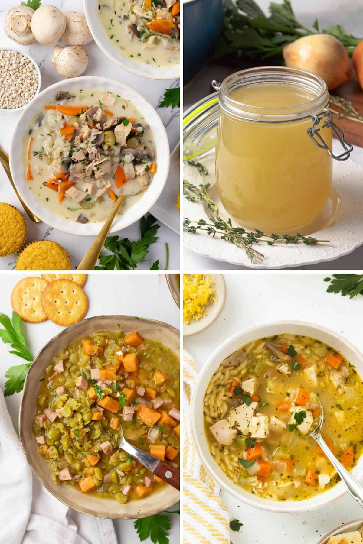 A collage of four soup recipes using leftover turkey.