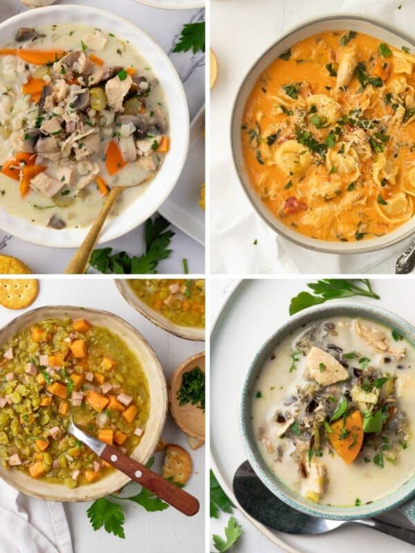 A collage of four leftover turkey soup recipes including a split pea, turkey barley, tortellini soup, and turkey wild rice.