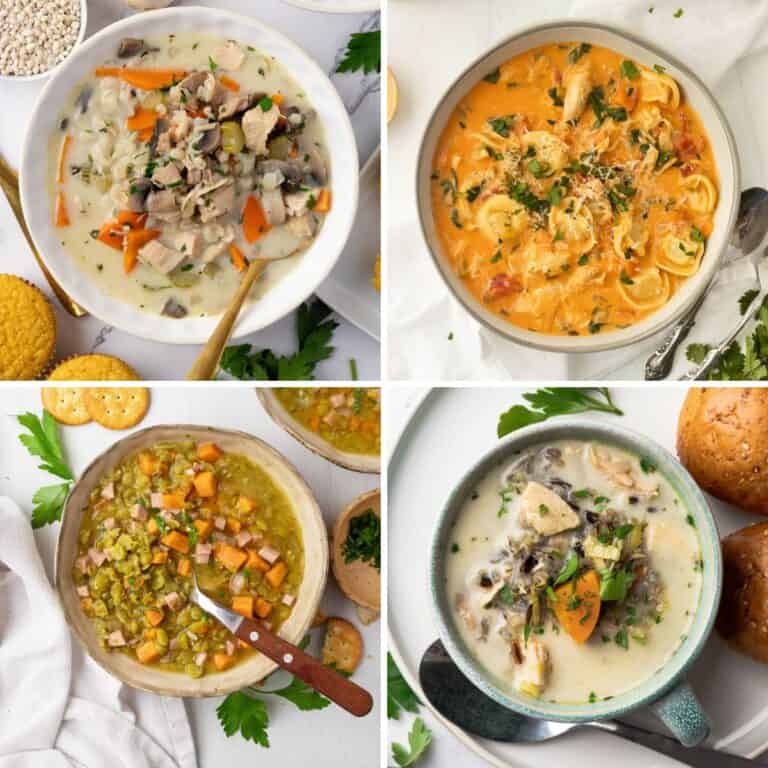 A collage of four leftover turkey soup recipes including a split pea, turkey barley, tortellini soup, and turkey wild rice.