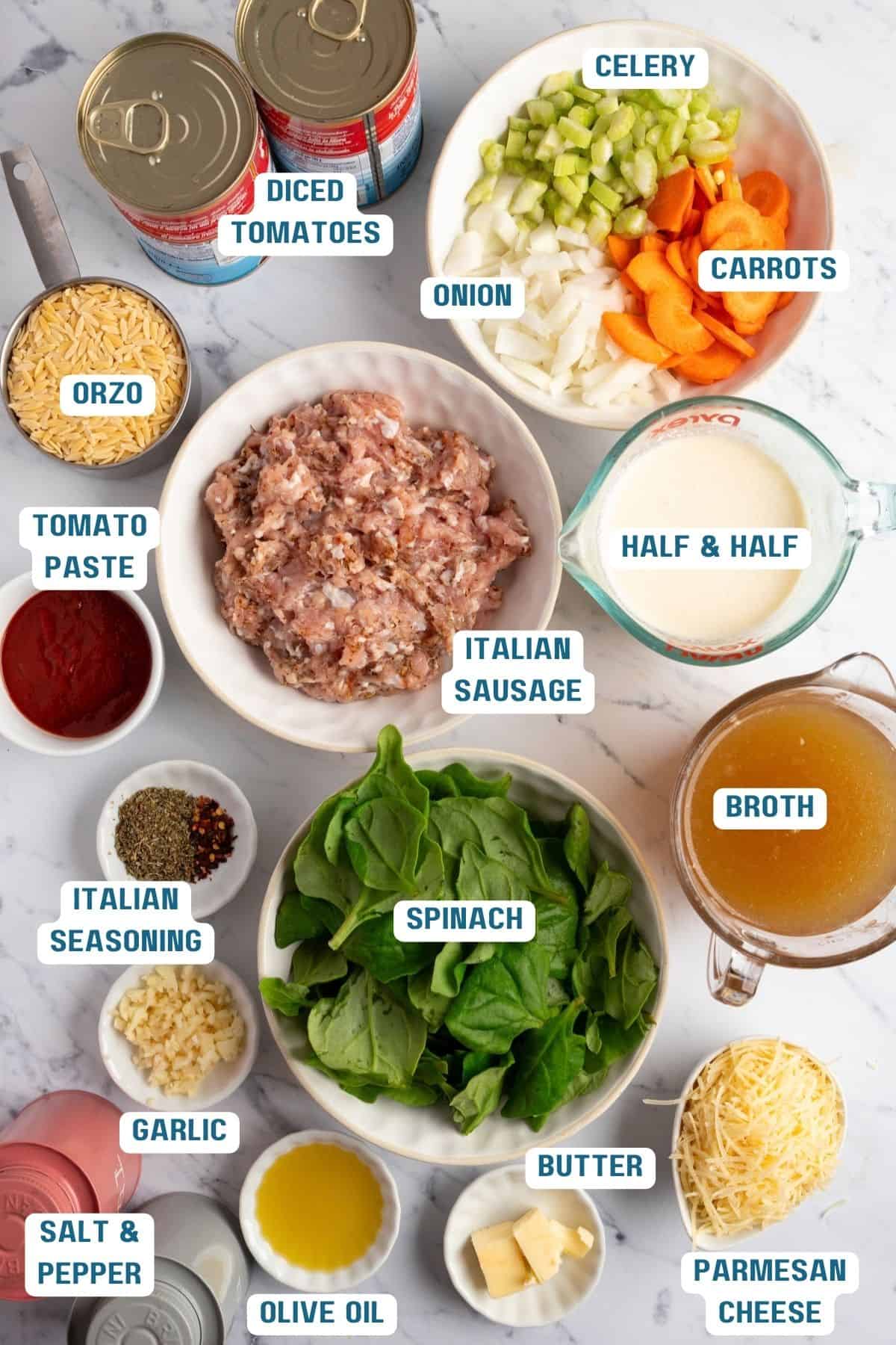 Ingredients to make sausage orzo soup in bowls with labels.
