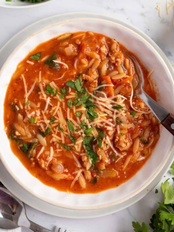 A bowl of sausage orzo soup with a spoon resting in the bowl.